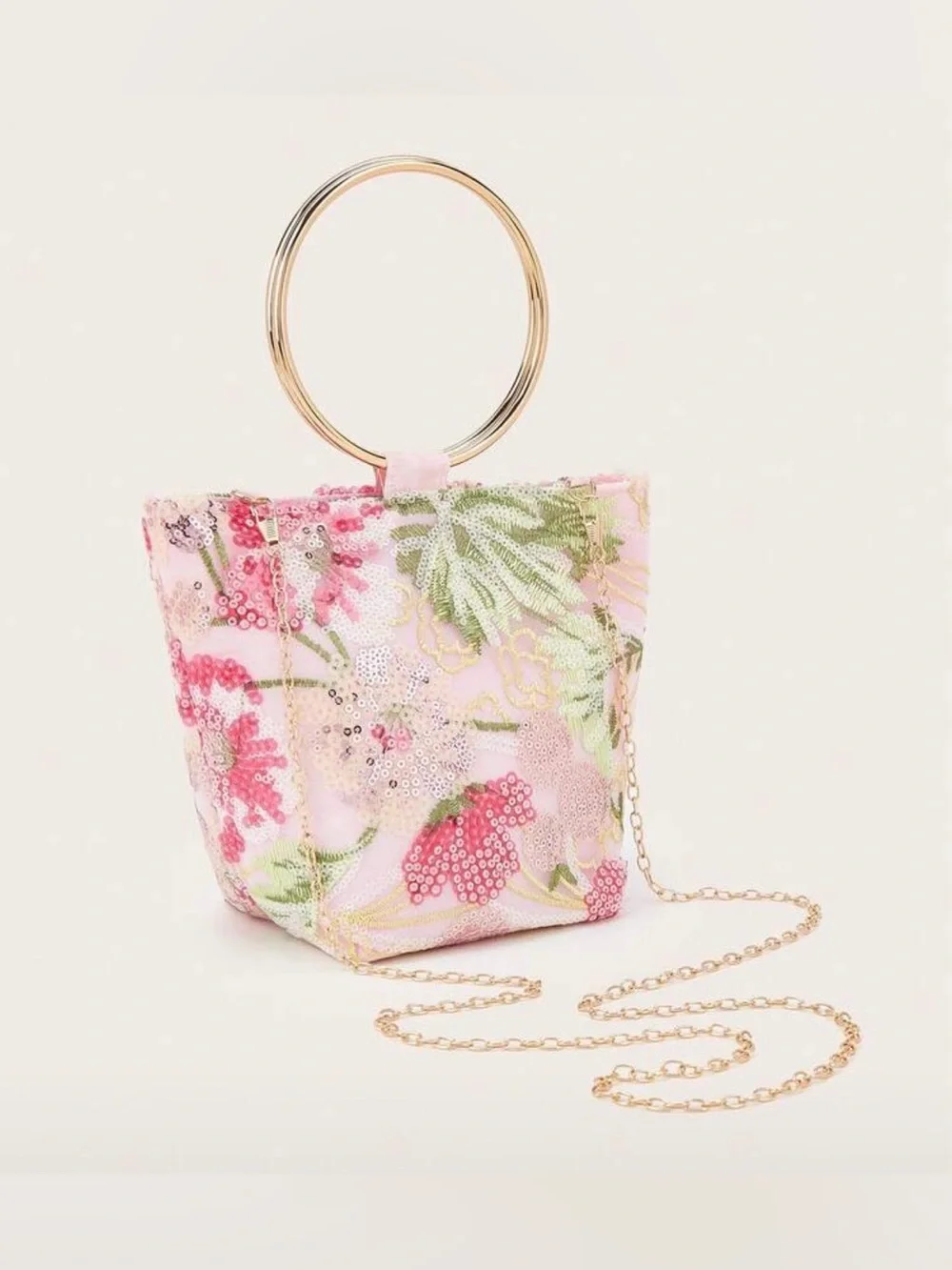Pink Floral Sequin Ring-Handle Tote